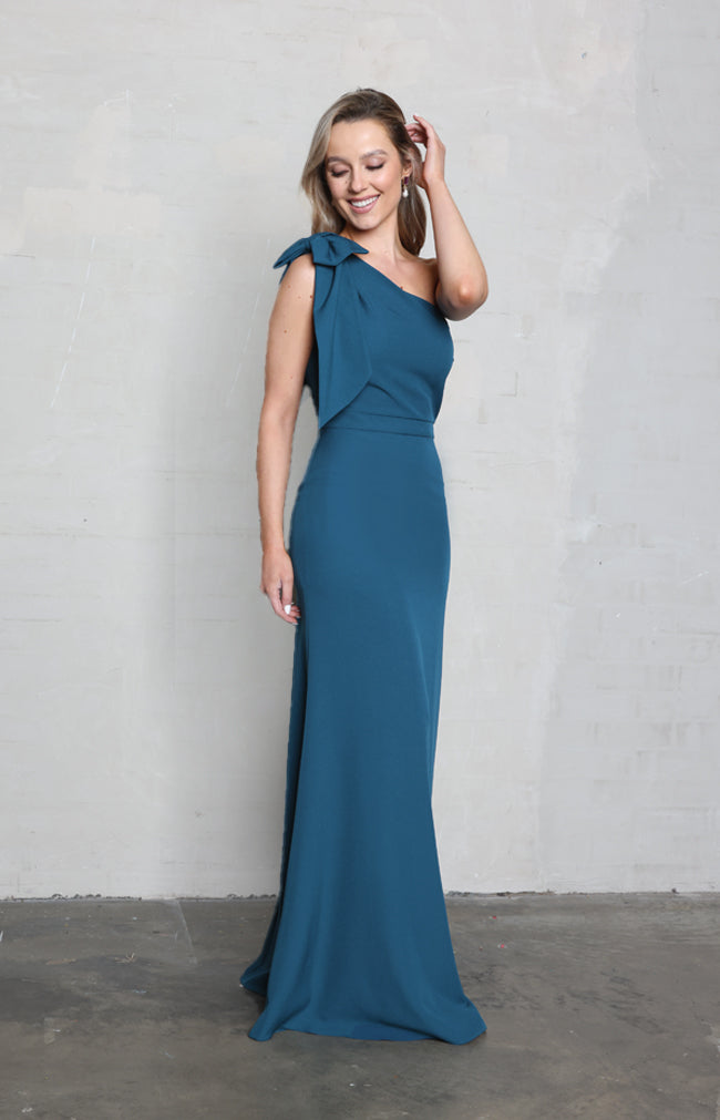 Fleur Crepe Gown Detachable Bow - Teal