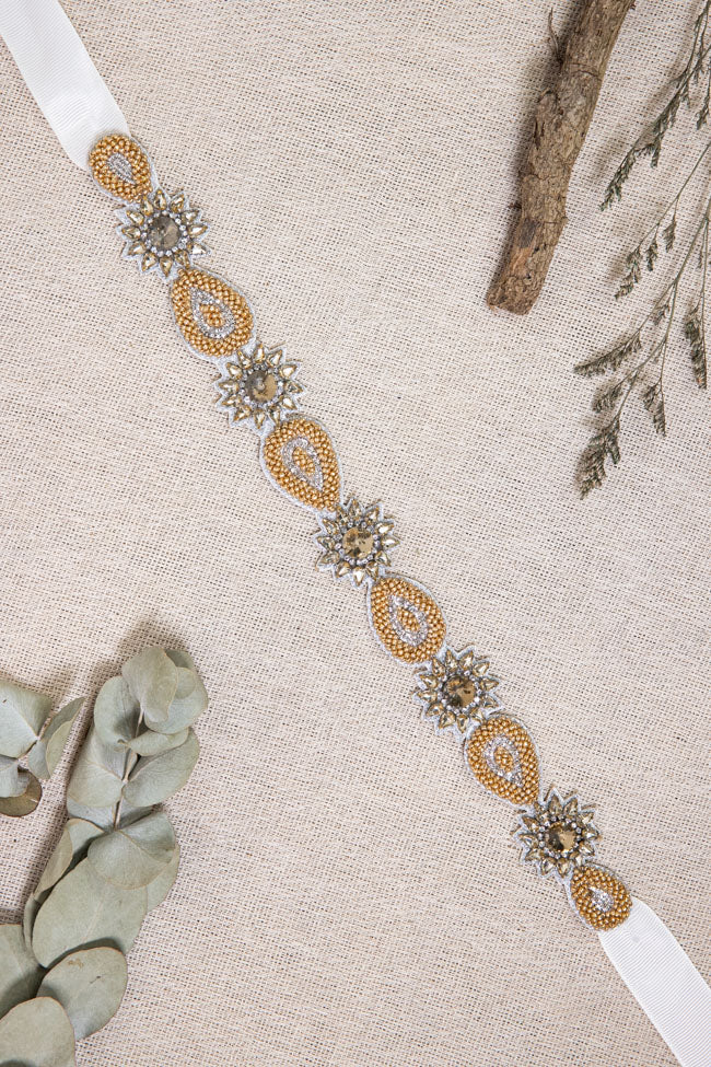 Abita Beaded Belt - Gold with Ivory Ribbon