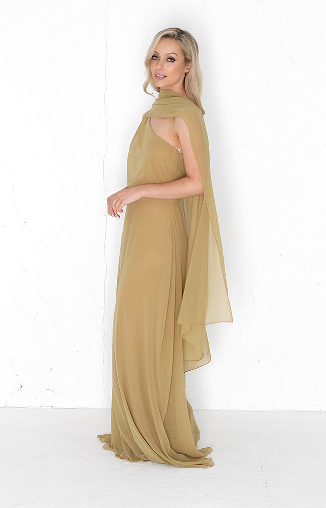 Fleur Chiffon Gown Detachable Bow - Desert Sand