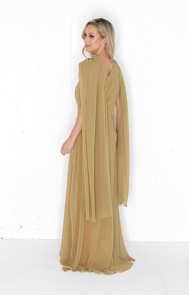 Fleur Chiffon Gown Detachable Bow - Desert Sand