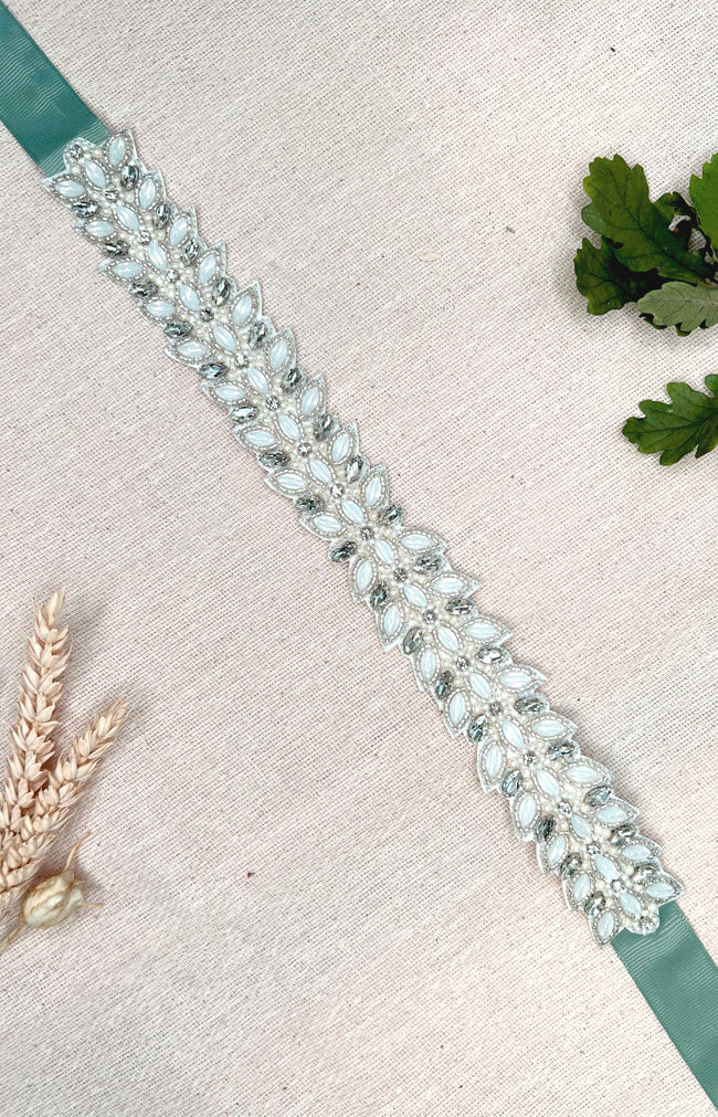 Athos Beaded Belt - Ivory with Sage ribbon